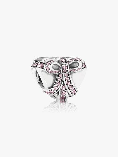 Heart present silver charm with pink cubic zirconia