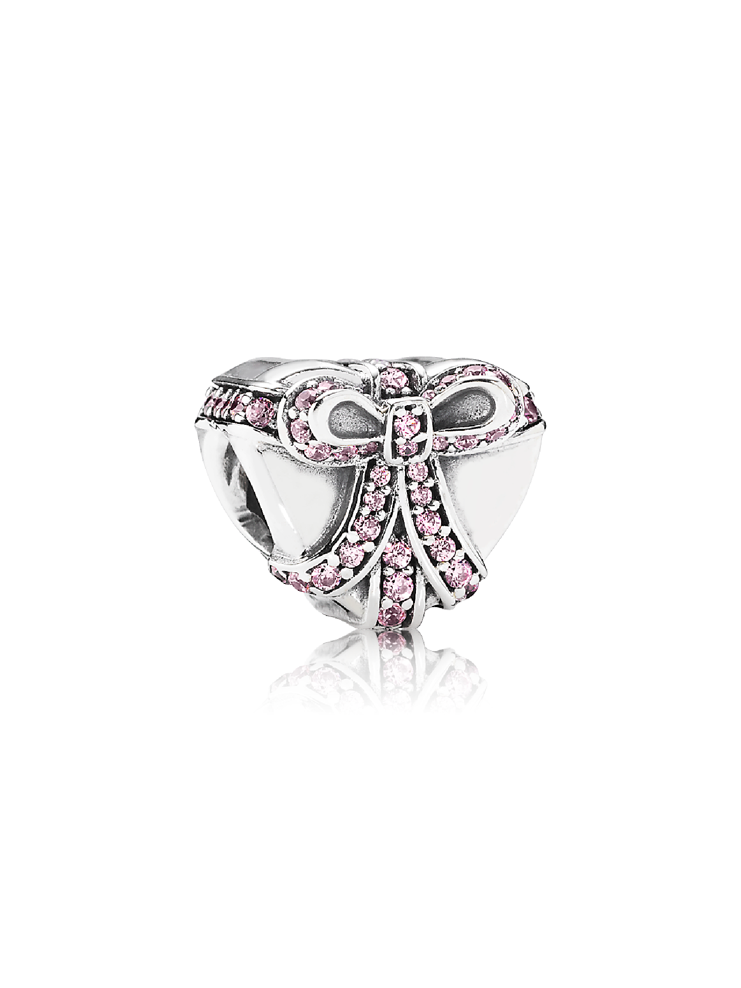 Heart present silver charm with pink cubic zirconia