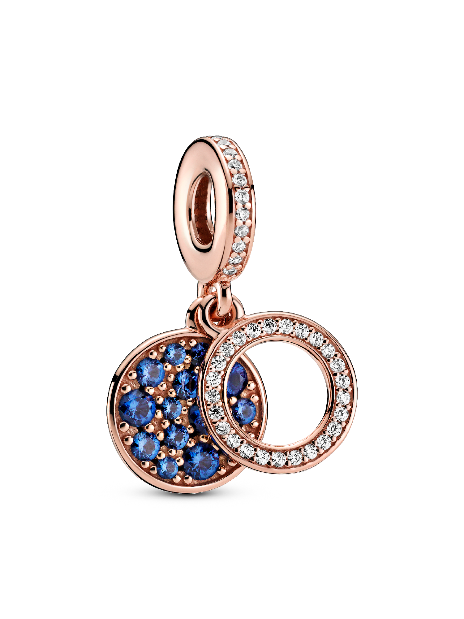 Circle and disc 14k rose gold-plated dangle with clear cubic zirconia and stellar blue crystal
