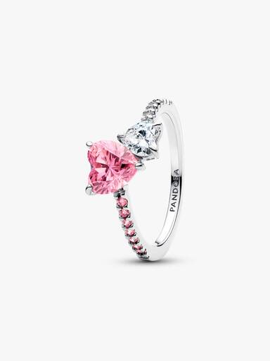 Anel de Coração Duplo Brilhante Rosa e Transparente