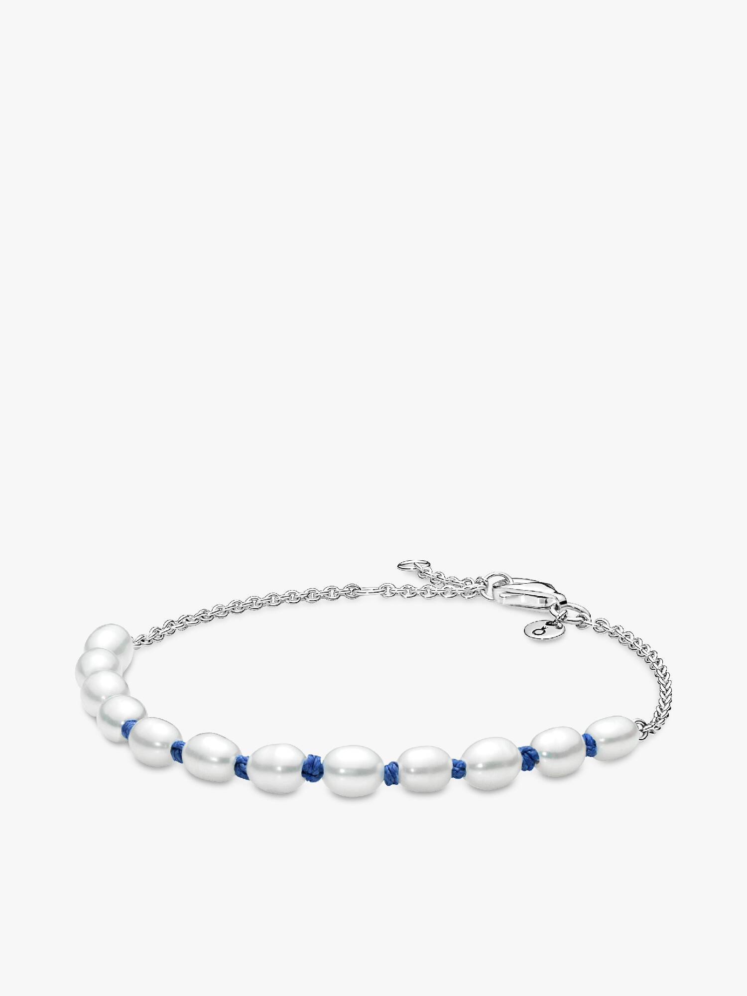 Sterling silver bracelet with white treated freshwater cultured pearl and blue cord