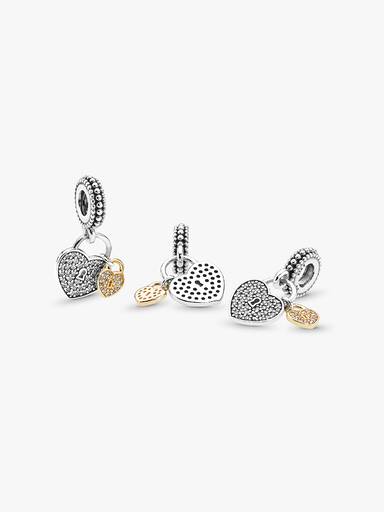 Heart padlock silver dangle with 14k and clear cubic zirconia