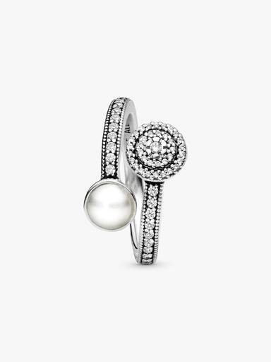 Open silver ring with white crystal pearl and clear cubic zirconia
