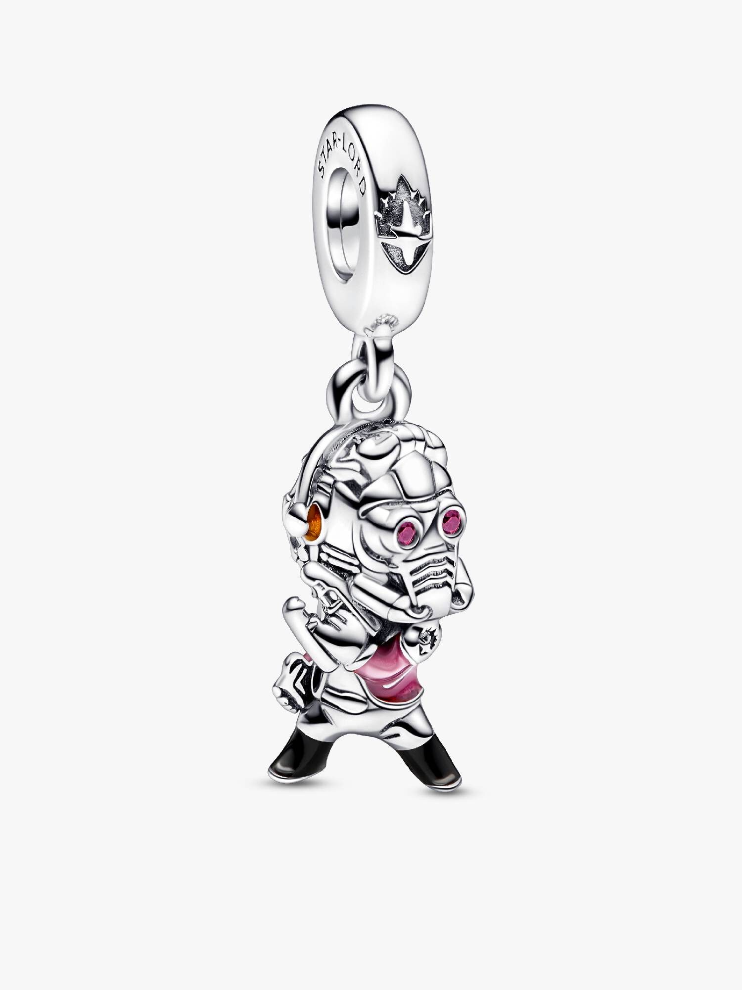 Marvel Star Lord sterling silver dangle with red cubic zirconia, transparent red, black and orange enamel