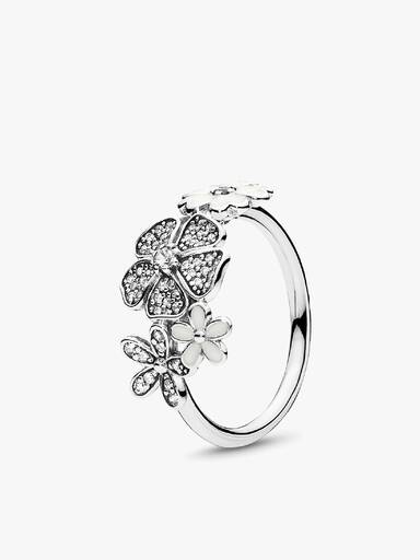 Floral silver ring with clear cubic zirconia and white enamel