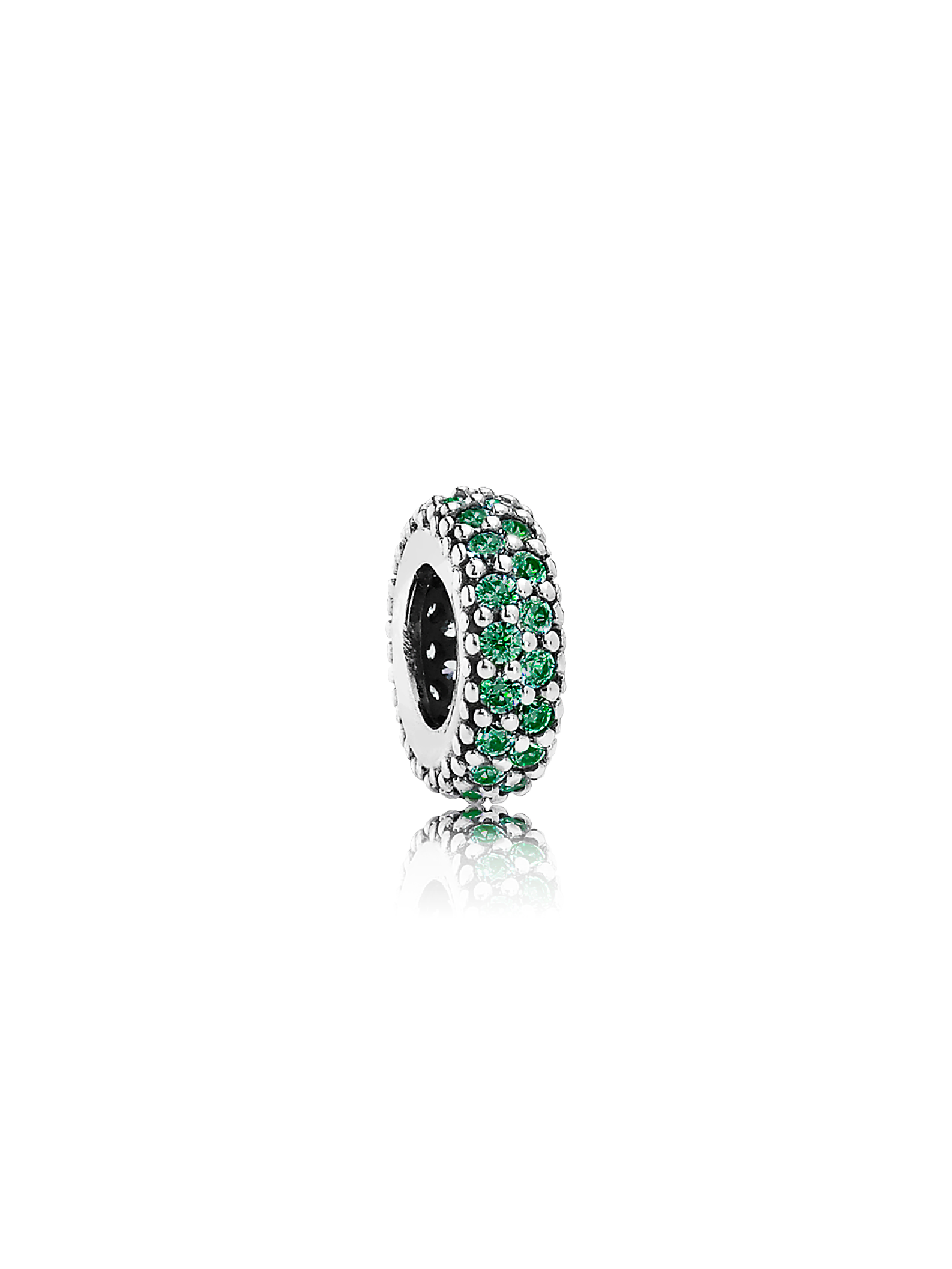 Abstract silver spacer with dark green cubic zirconia