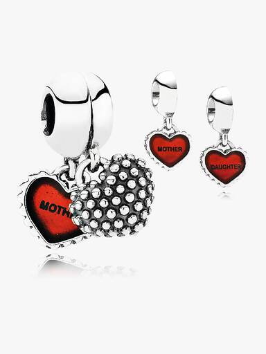 Mother and daughter heart silver dangle with red enamel