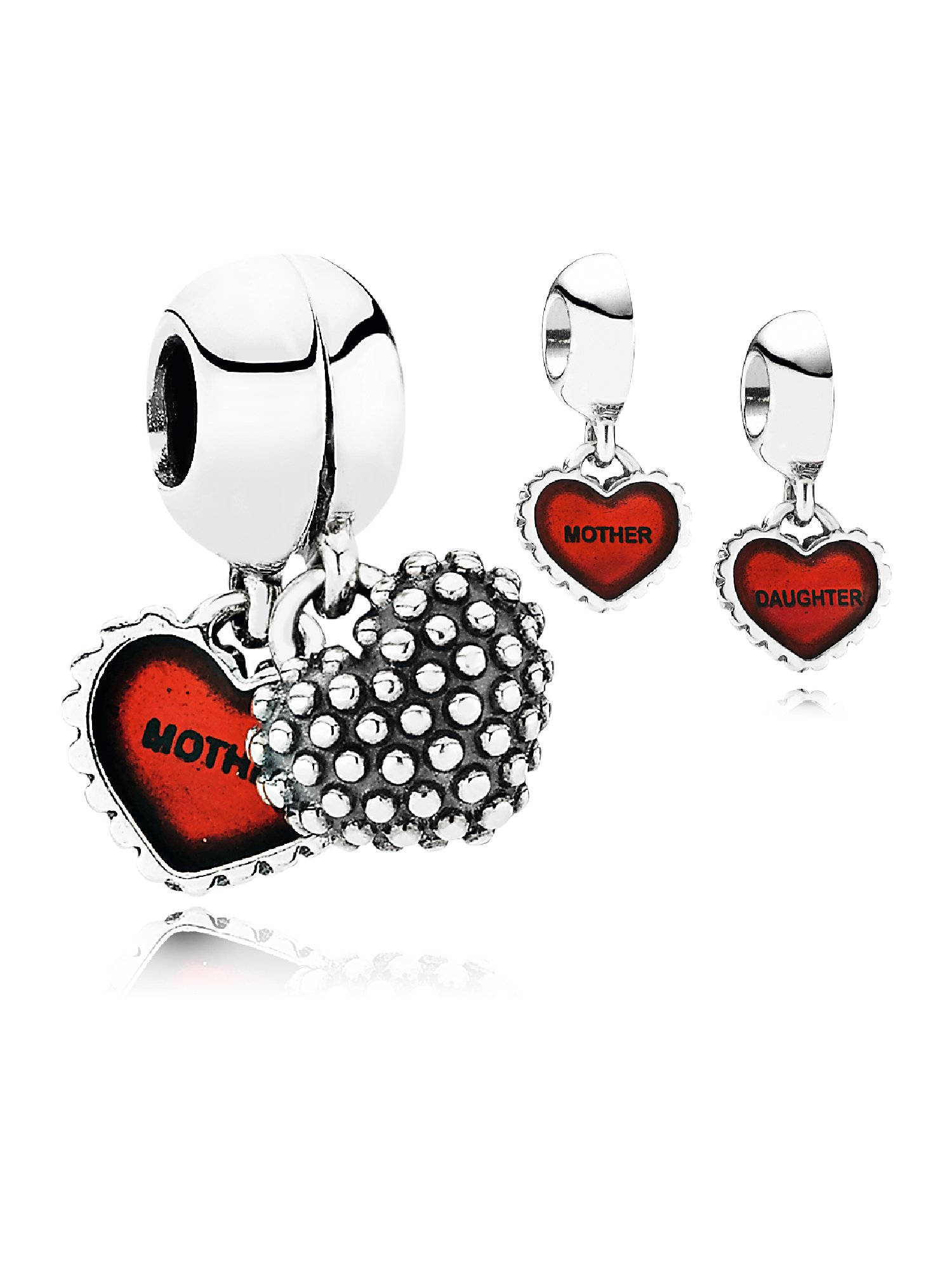 Mother and daughter heart silver dangle with red enamel