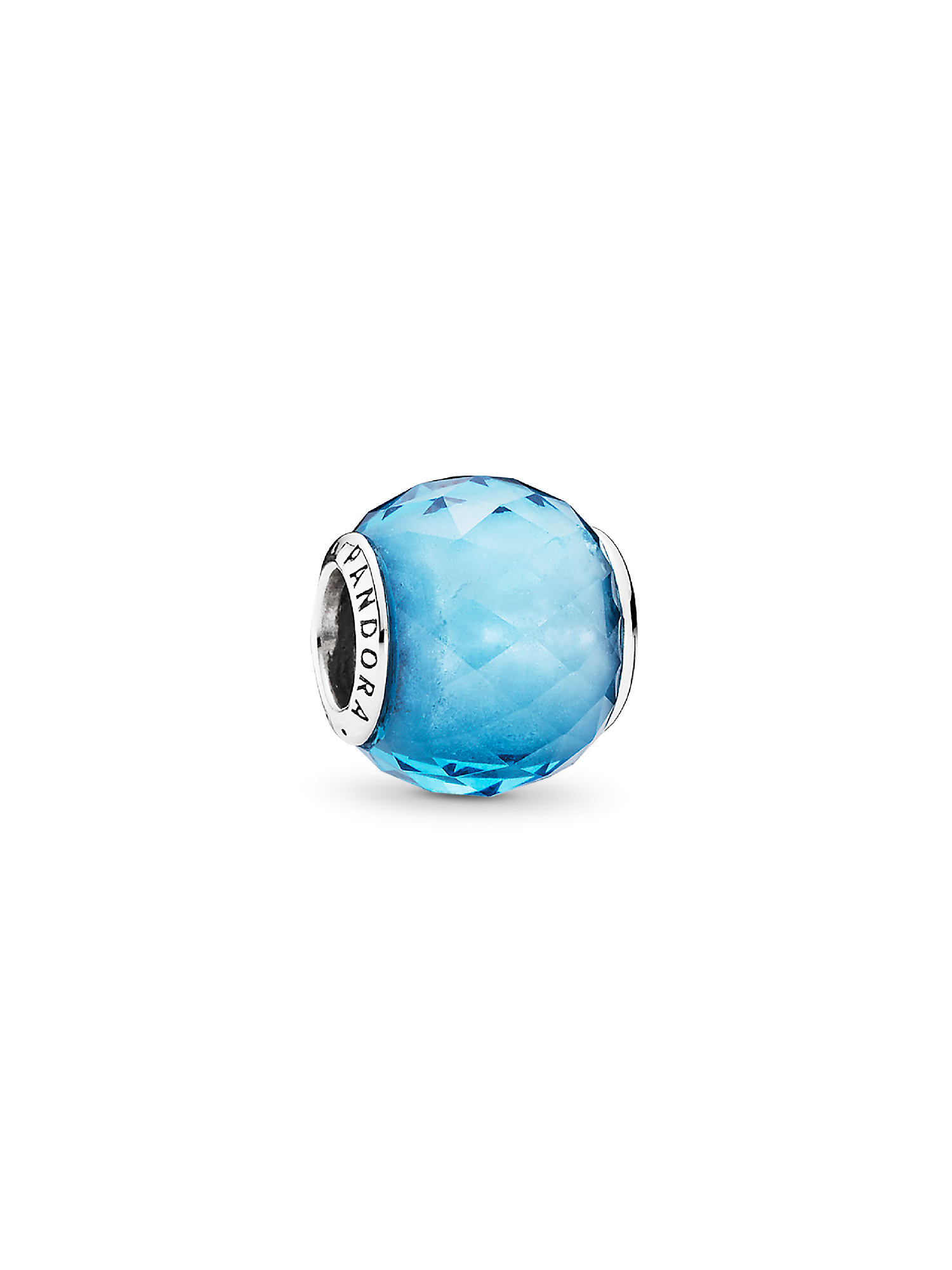 Abstract silver charm with faceted sky blue crystal