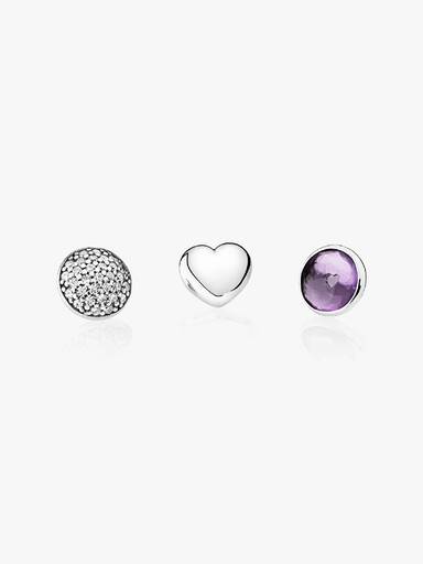February petite elements pack in silver with heart, pave droplet with clear CZ and synthetic amethyst droplet