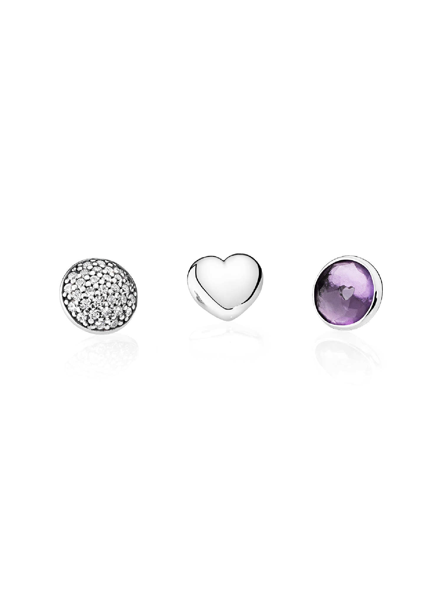February petite elements pack in silver with heart, pave droplet with clear CZ and synthetic amethyst droplet