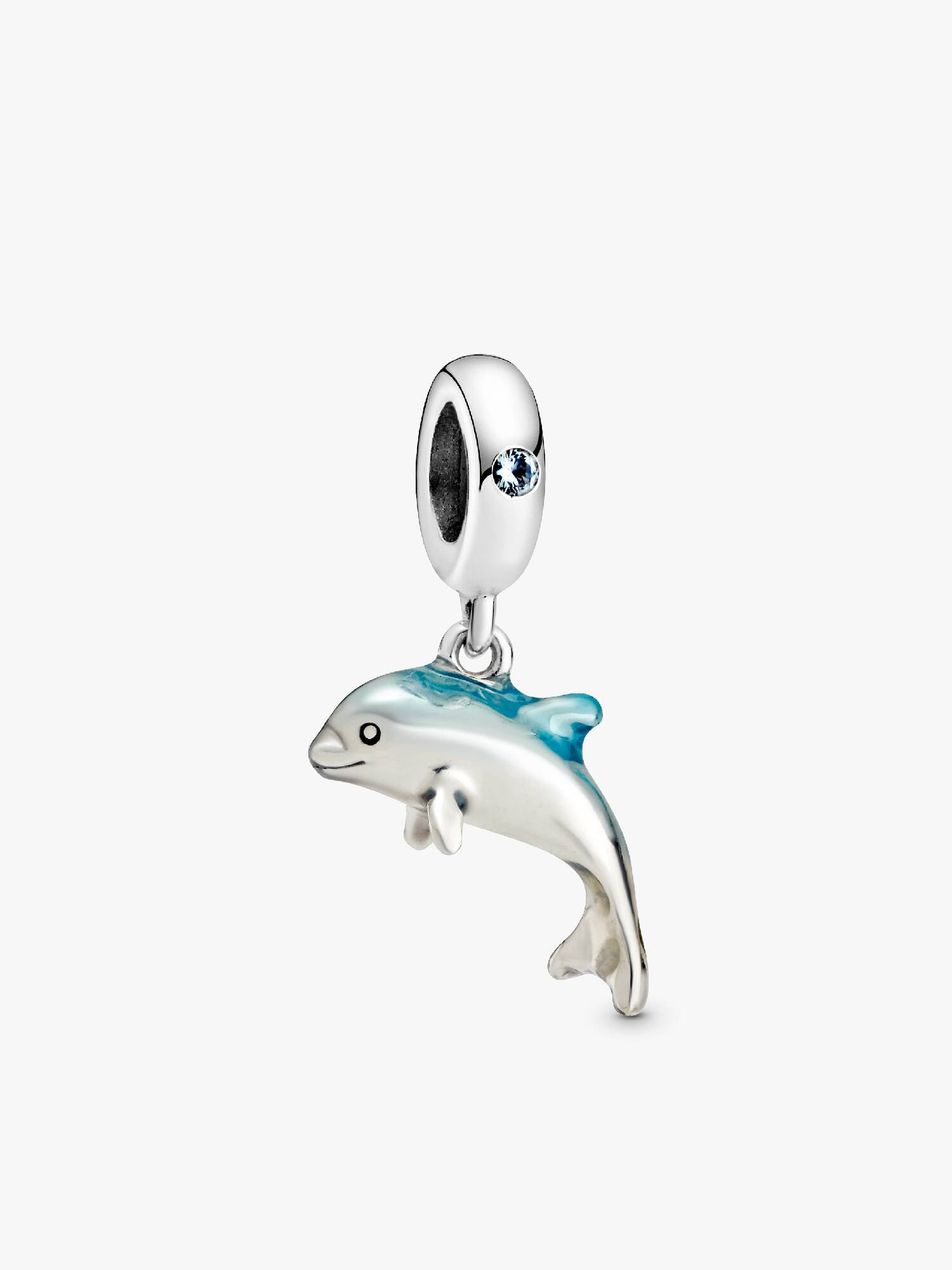 Dolphin sterling silver dangle with icy green crystal and blue enamel