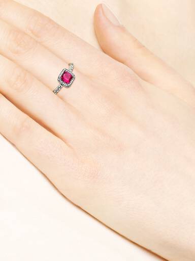 Silver ring with synthetic ruby and clear cubic zirconia