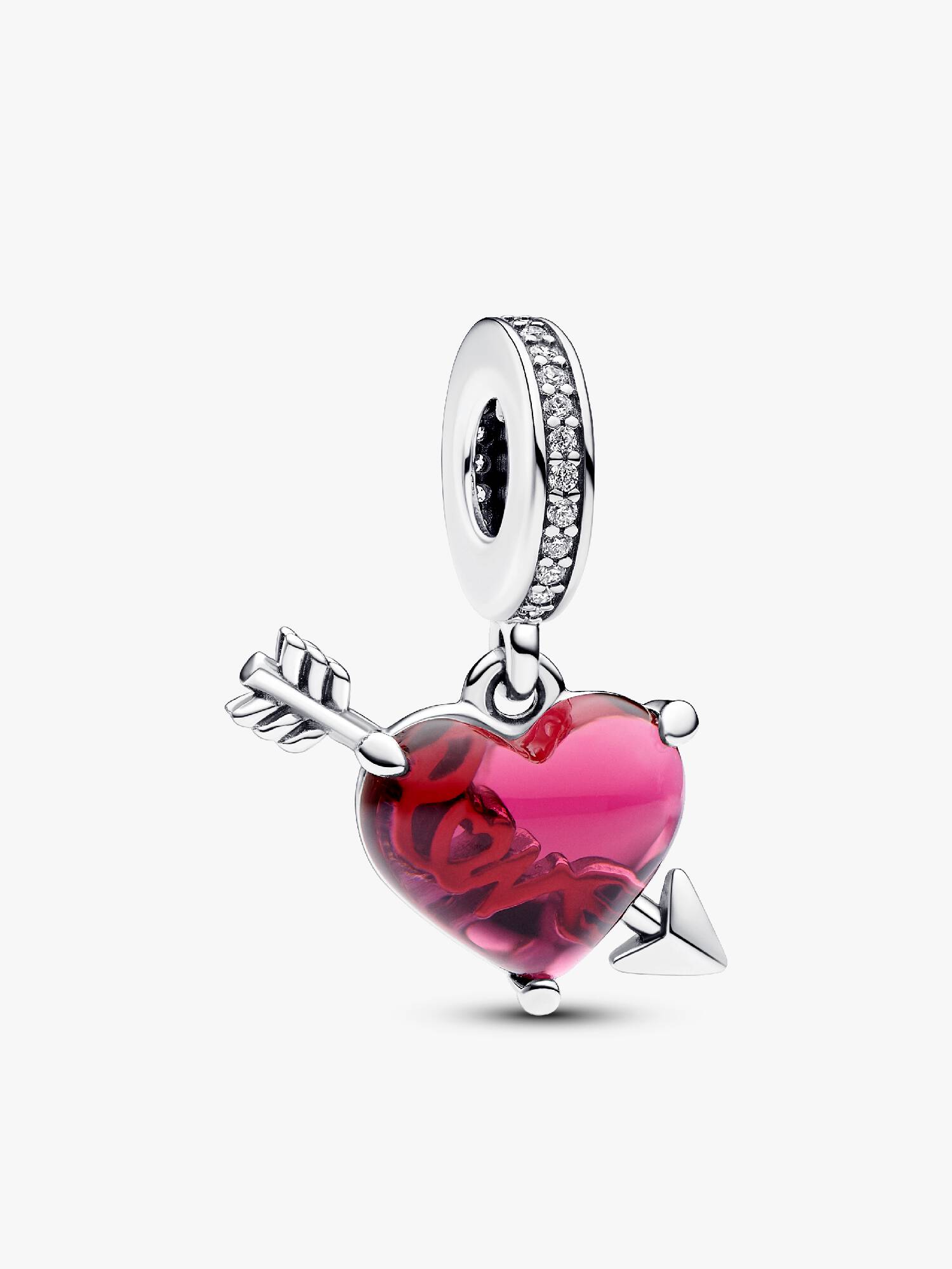 Charm pendente em vidro de Murano coração vermelho e flecha