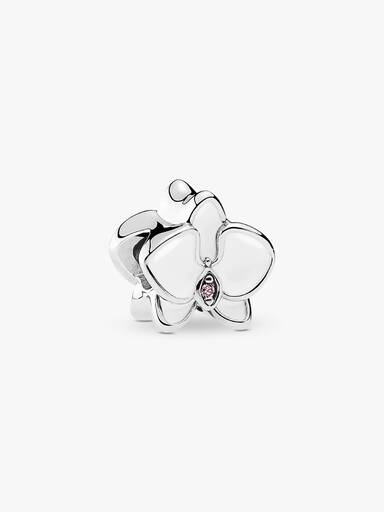 Orchid silver charm with orchid cubic zirconia and white enamel