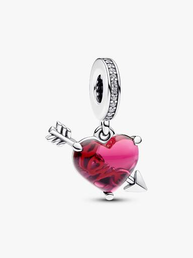 Charm pendente em vidro de Murano coração vermelho e flecha