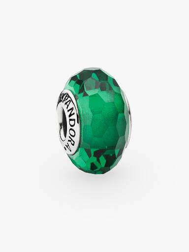 Abstract faceted silver charm with forest green murano glass