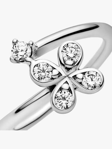 Flower silver open ring with clear cubic zirconia