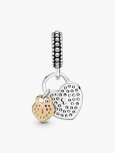 Heart padlock silver dangle with 14k and clear cubic zirconia