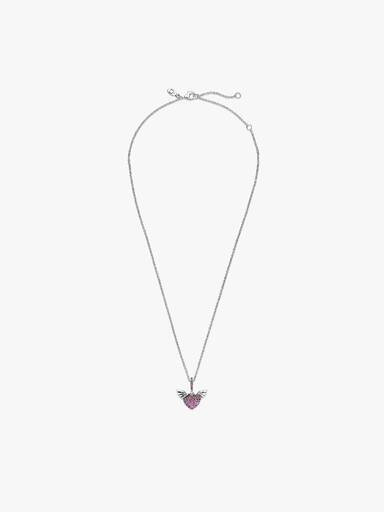 Heart and wings sterling silver pendant with phlox pink crystal and necklace