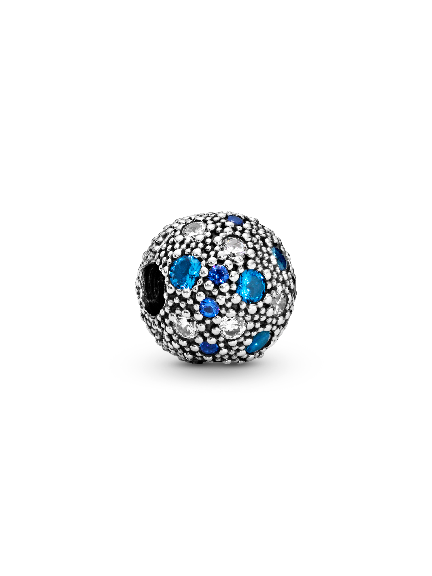 Silver clip with Swiss blue crystal, clear cubic zirconia and royal blue crystal