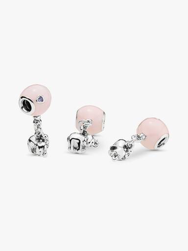 Balloon and elephant silver charm with pink enamel and royal purple crystal