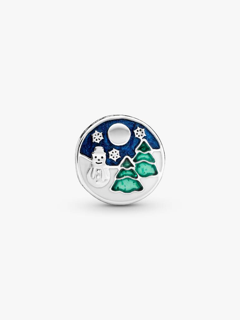 Winter scenery silver charm with white, blue and green enamel