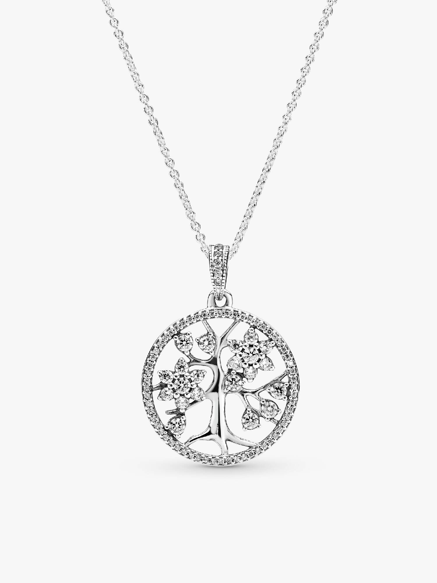 Family tree silver pendant with clear cubic zirconia and necklace