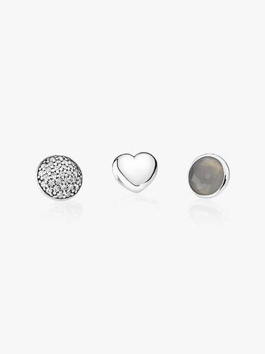 June petite elements pack in silver with heart, pave droplet with clear CZ and grey moonstone droplet