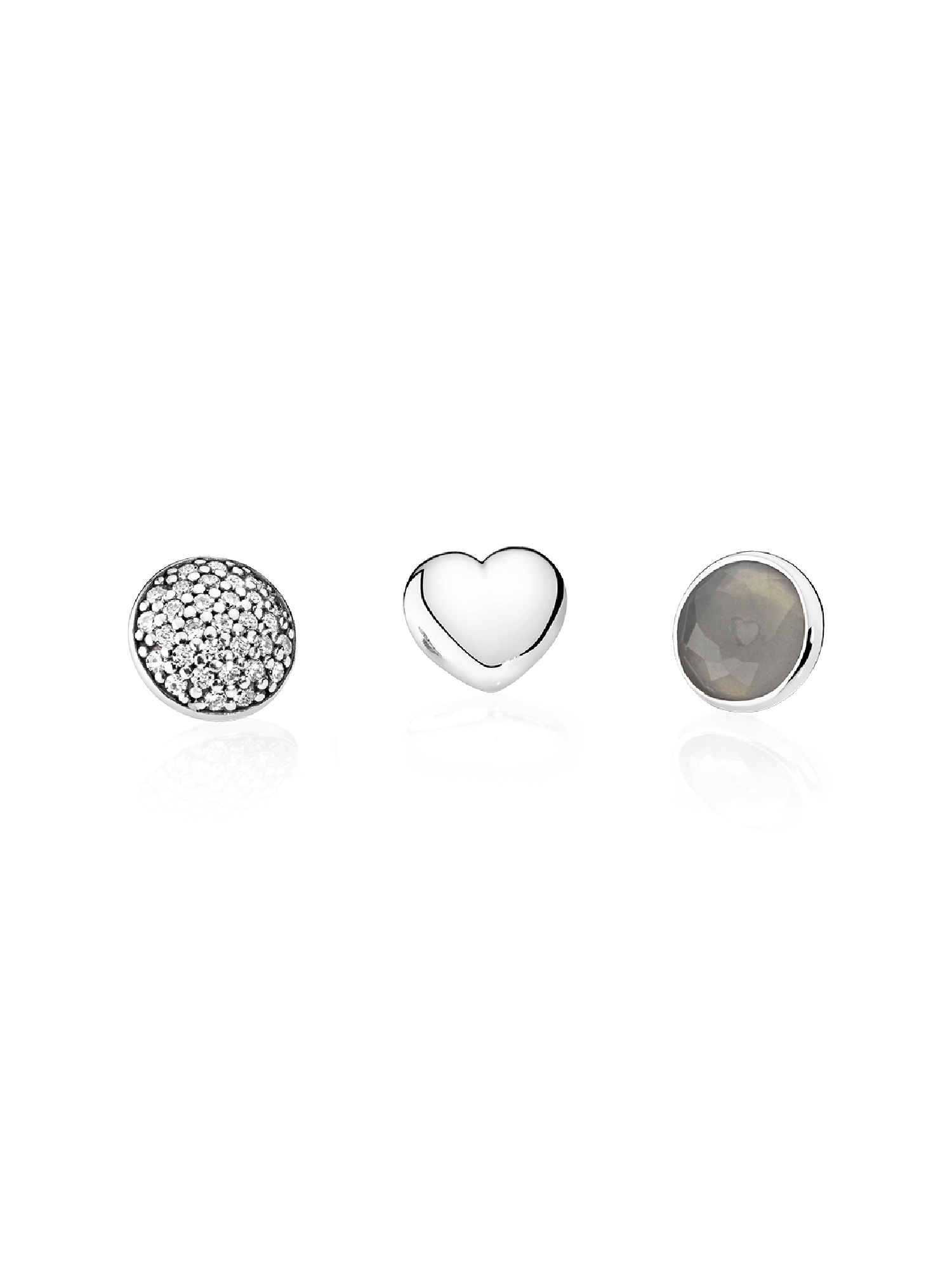 June petite elements pack in silver with heart, pave droplet with clear CZ and grey moonstone droplet