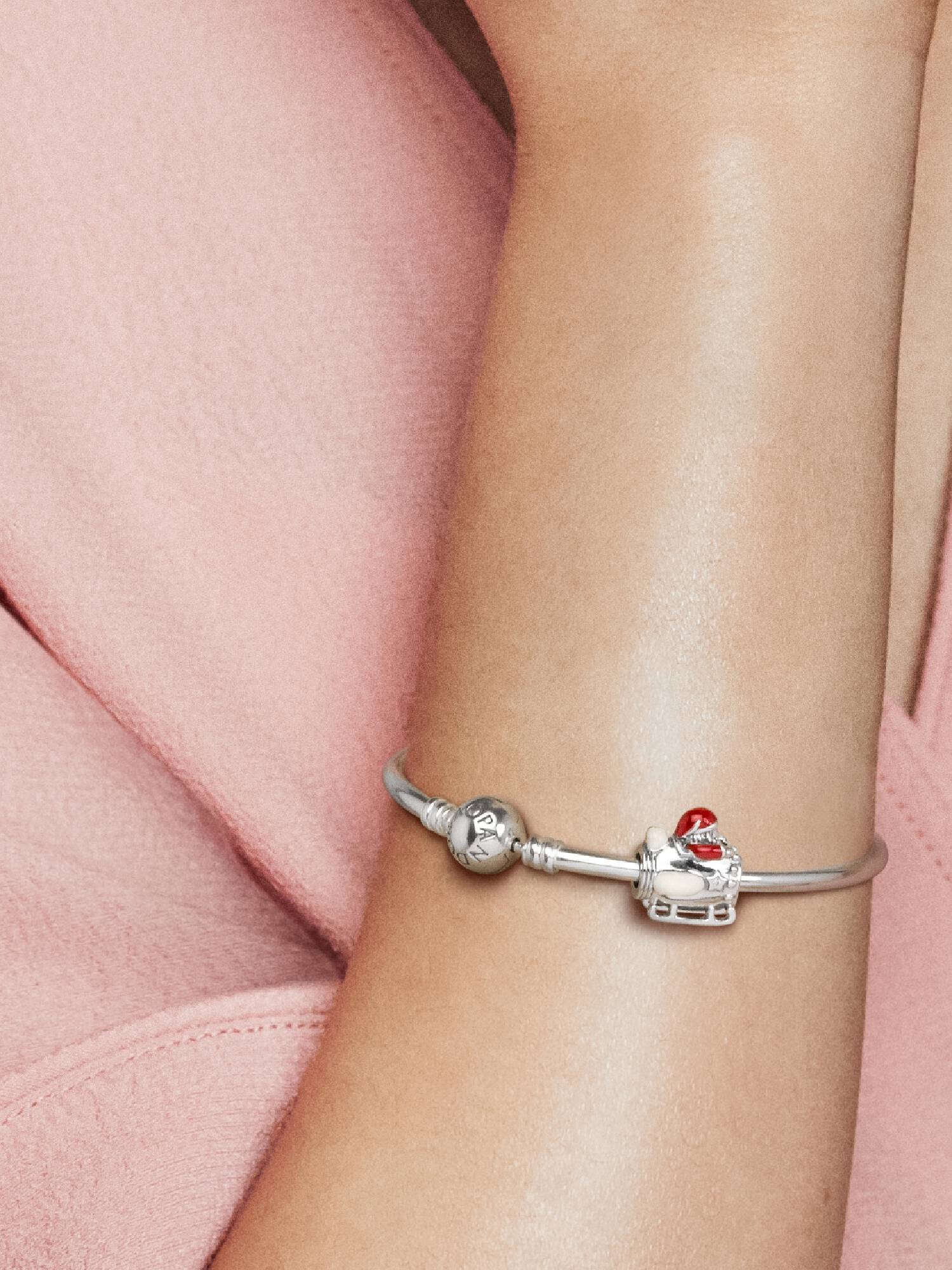 Santa in spaceship silver charm with red, silver enamel and clear cubic zirconia