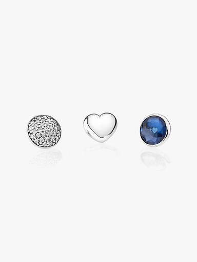 September petite elements pack in silver with heart, pave droplet with clear CZ and synthetic sapphire droplet