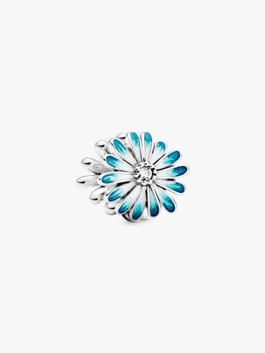 Daisy sterling silver charm with clear cubic zirconia and shaded blue enamel