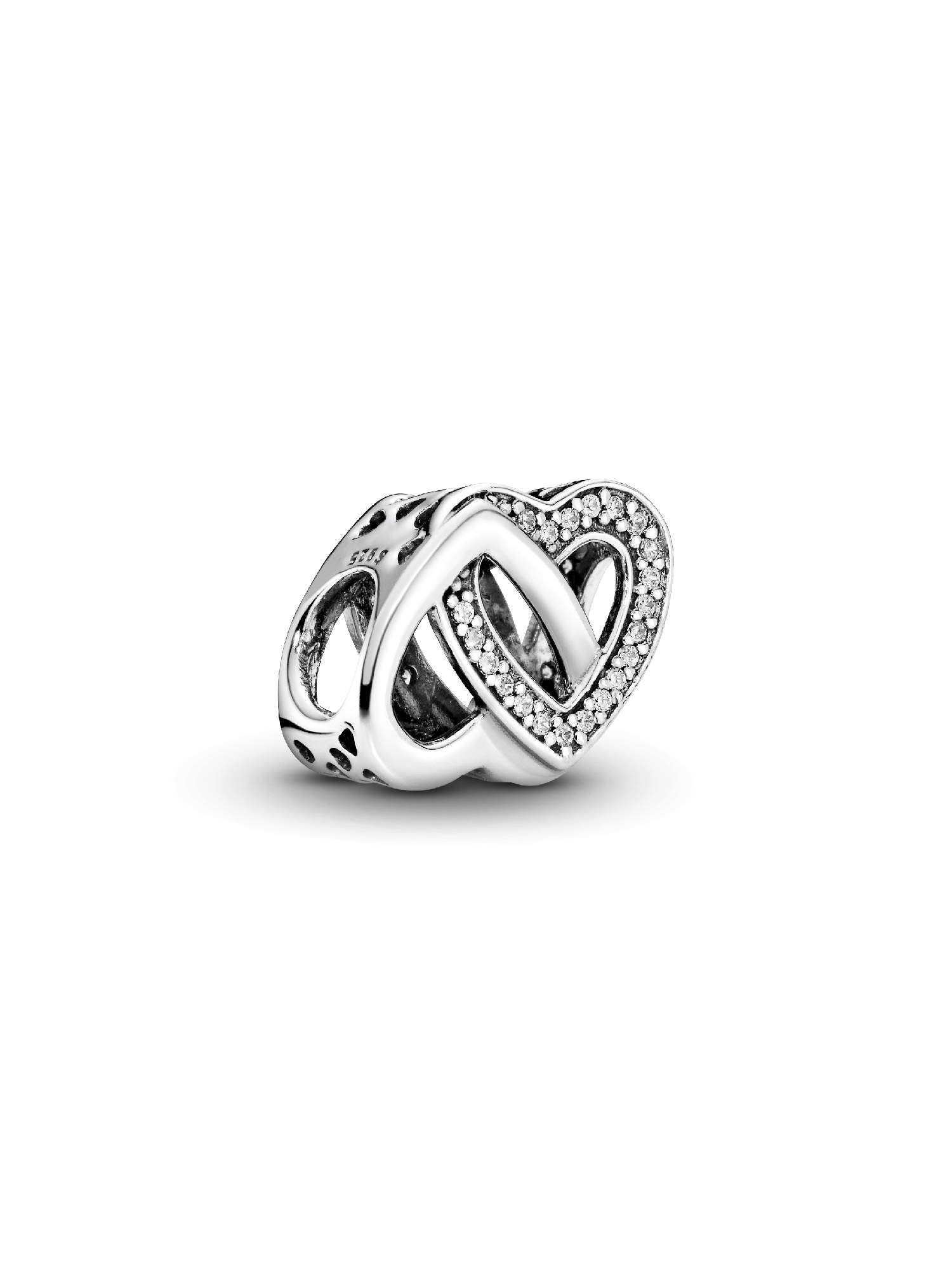 Interlocked hearts silver charm with clear cubic zirconia