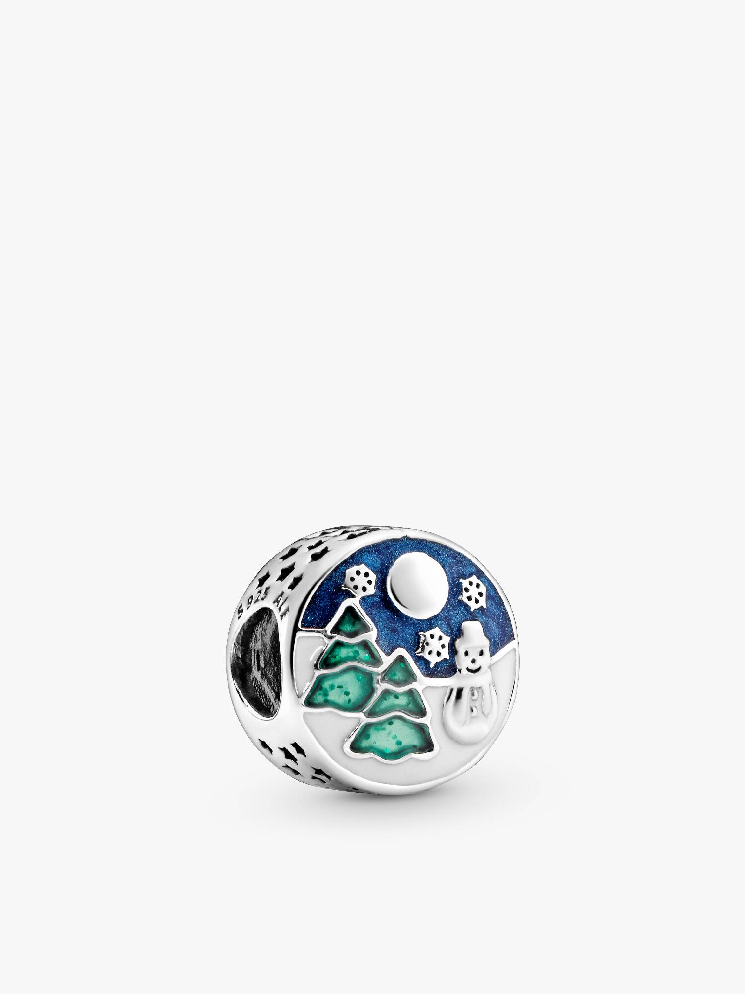 Winter scenery silver charm with white, blue and green enamel