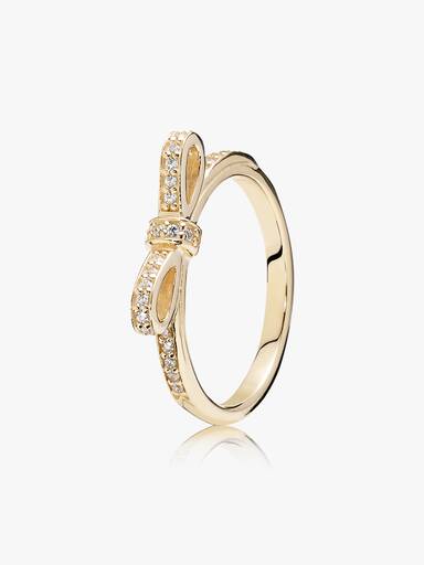 Anel Brilhante Laço, Zircônia Cúbica Transparente e ouro 14k