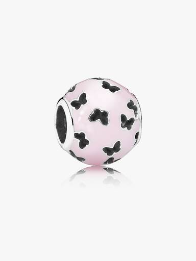 Abstract silver charm with light pink enamel and cut-out butterflies
