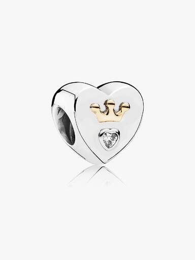 Heart silver charm with 14k crown and clear cubic zirconia