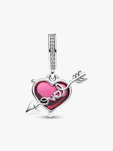 Charm pendente em vidro de Murano coração vermelho e flecha