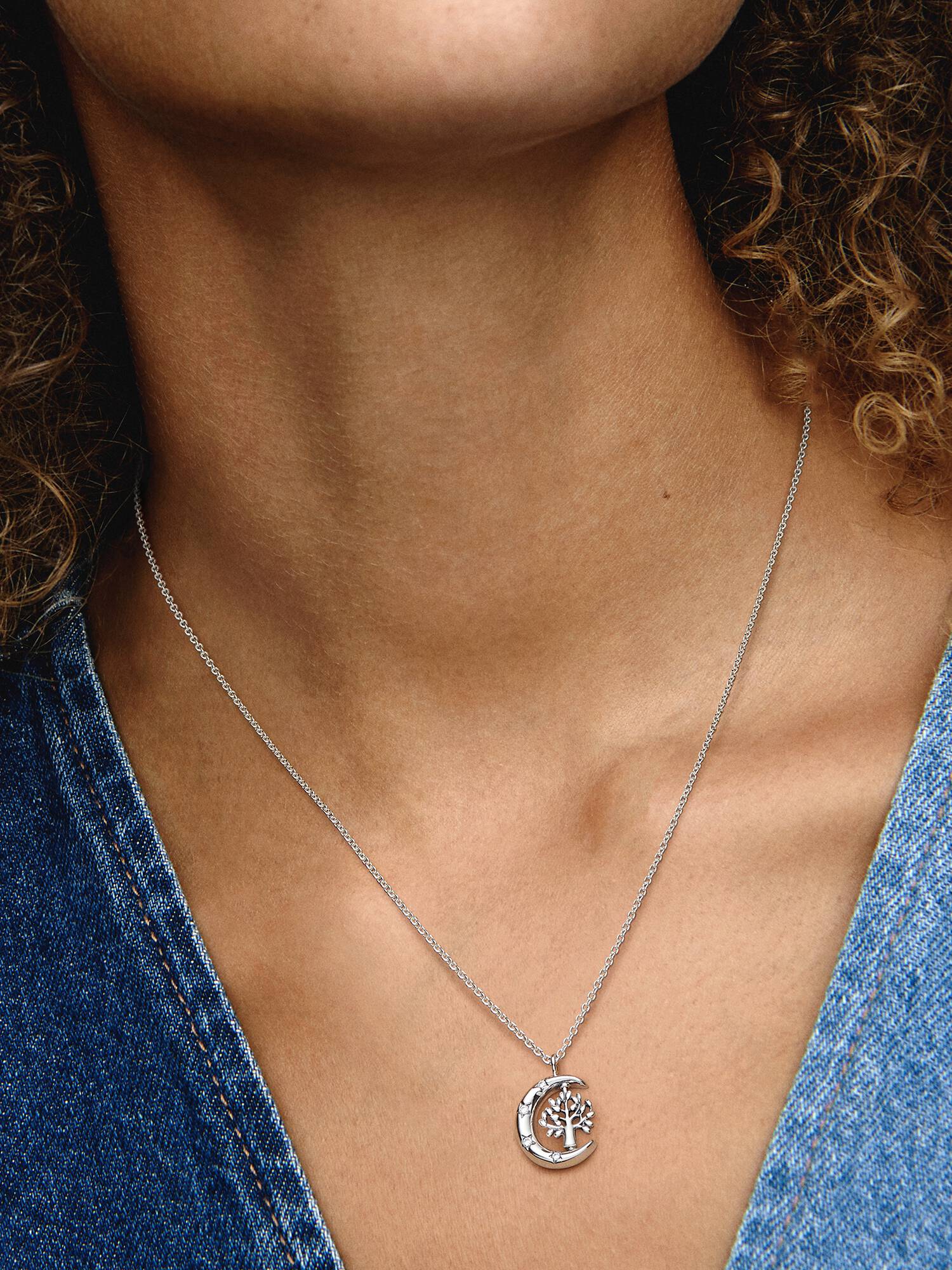 Crescent moon sterling silver pendant necklace with clear cubic zirconia