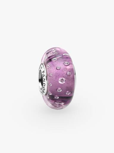 Abstract silver charm in purple murano glass with cubic zirconia