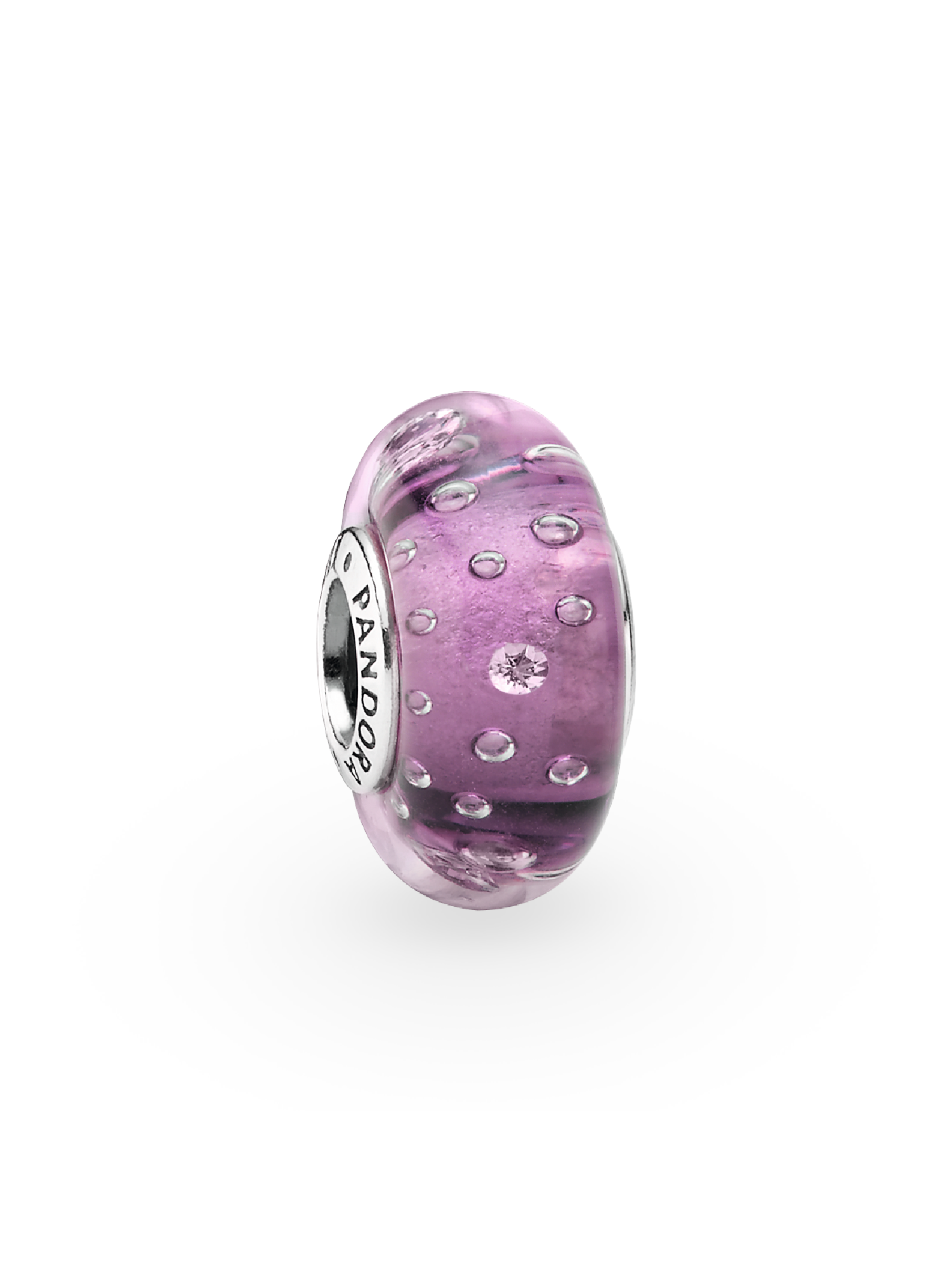 Abstract silver charm in purple murano glass with cubic zirconia