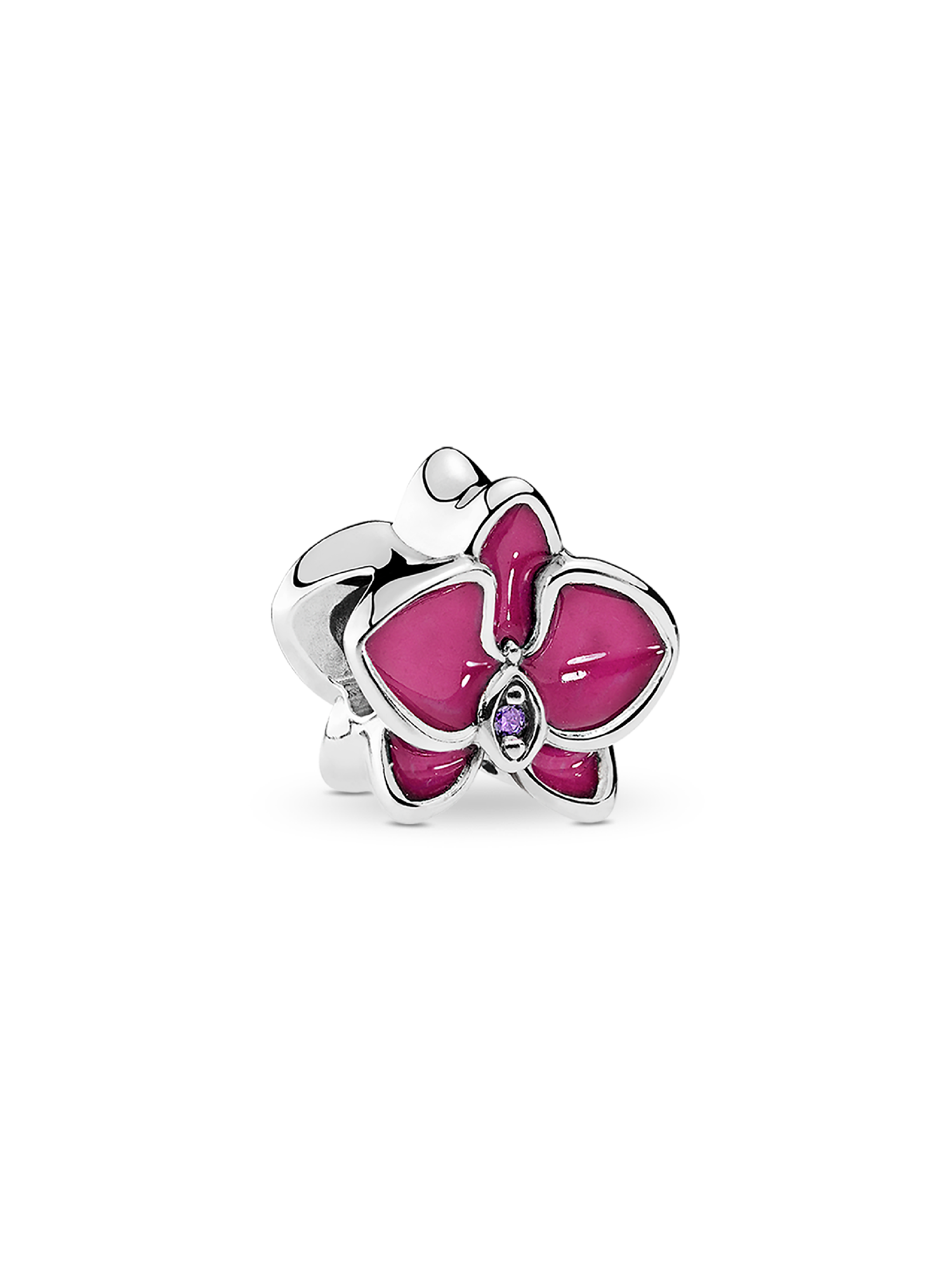 Orchid silver charm with purple cubic zirconia and orchid enamel