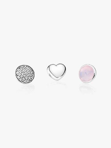 October petite elements pack in silver with heart, pave droplet with clear CZ and opalescent pink crystal droplet