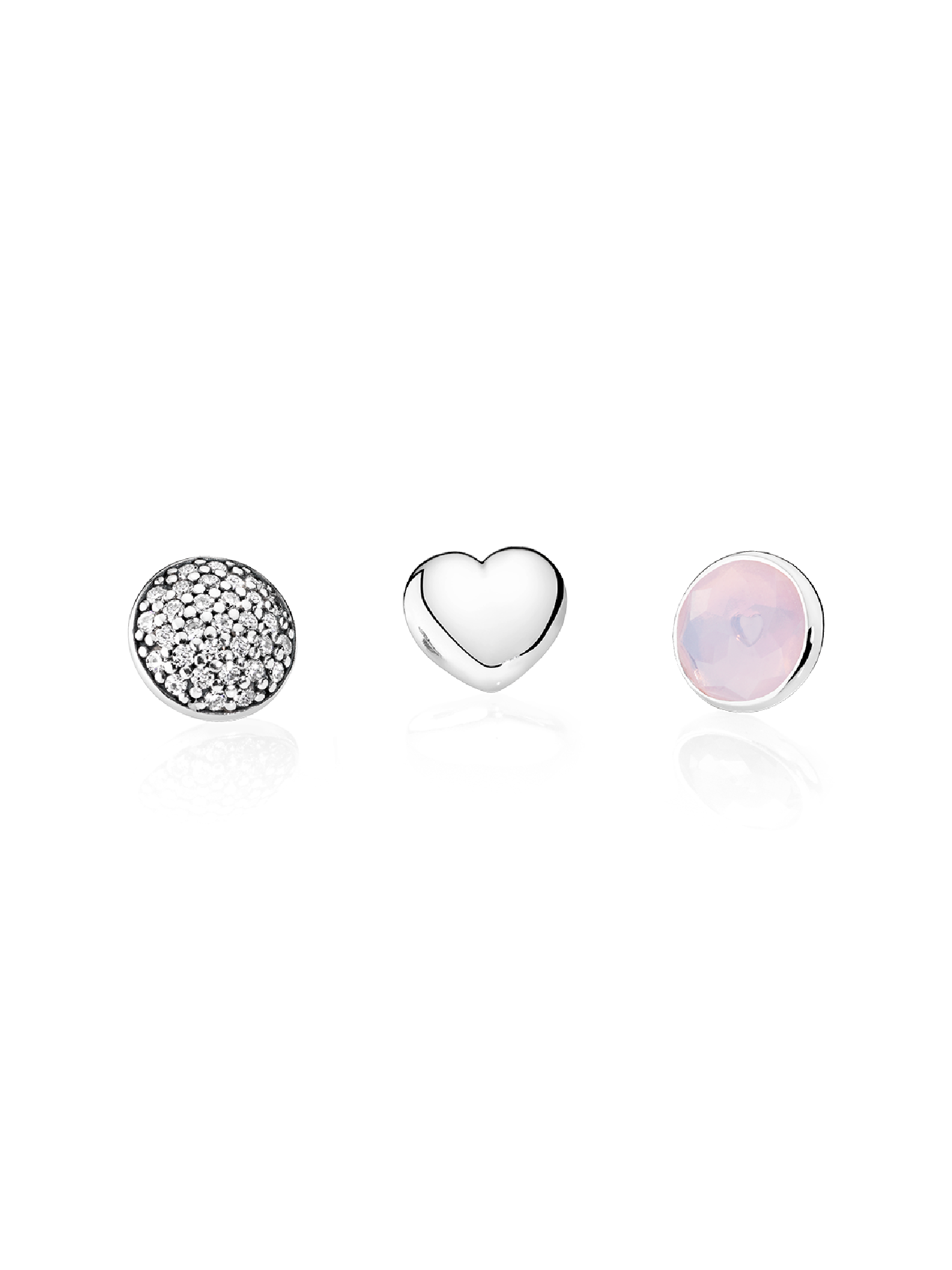 October petite elements pack in silver with heart, pave droplet with clear CZ and opalescent pink crystal droplet