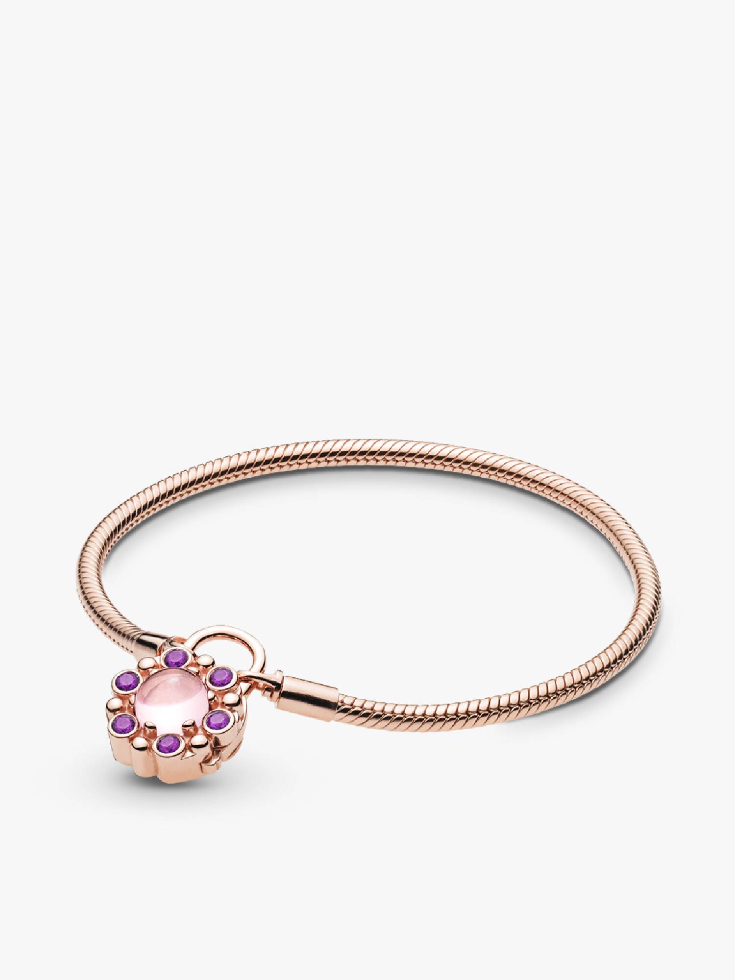PANDORA Rose snake chain bracelet and padlock clasp with pink mist and royal purple crystal