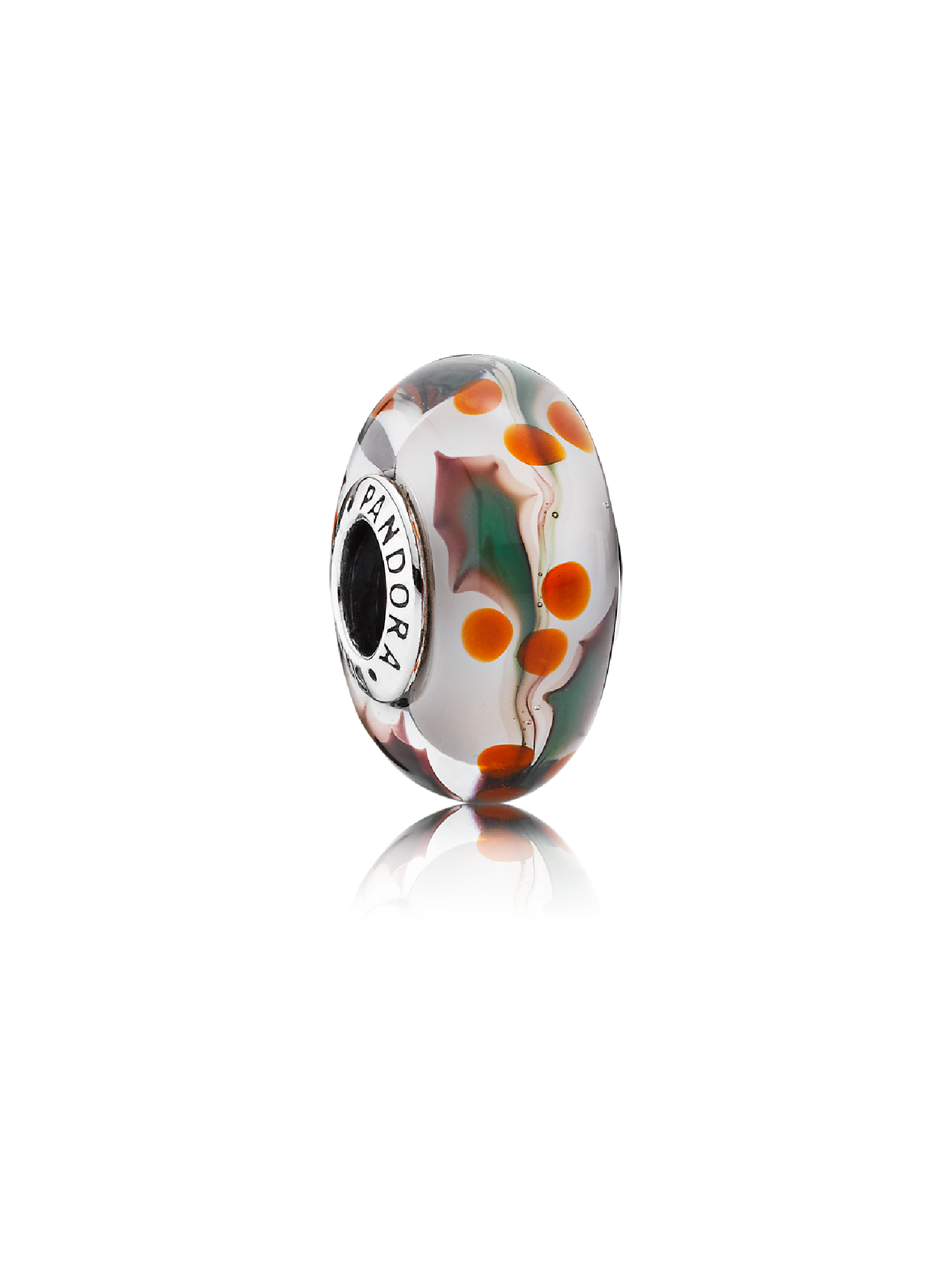 Holly silver charm with transparent, white, red and green Murano glass