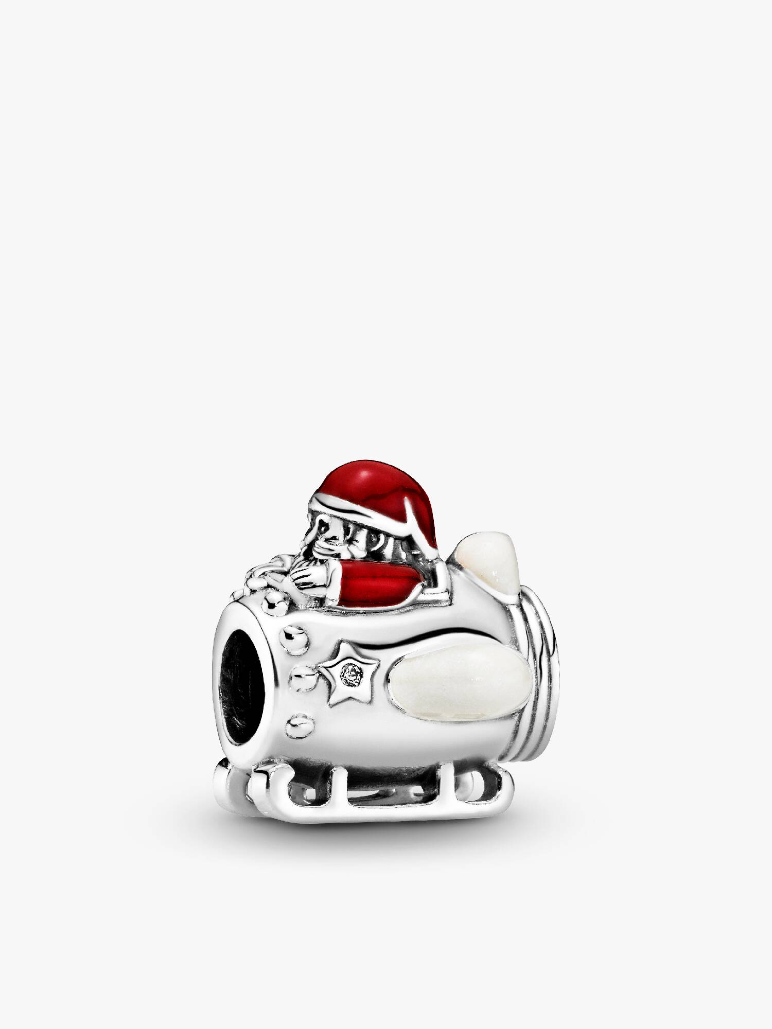 Santa in spaceship silver charm with red, silver enamel and clear cubic zirconia