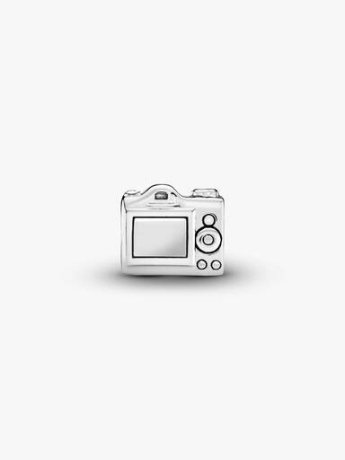 Camera silver charm with black enamel and cubic zirconia
