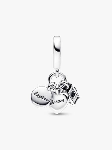 Charm Pendente Triplo Bússola, Câmera e Coração